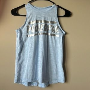 Light blue tank top with the word powerful written across the chest